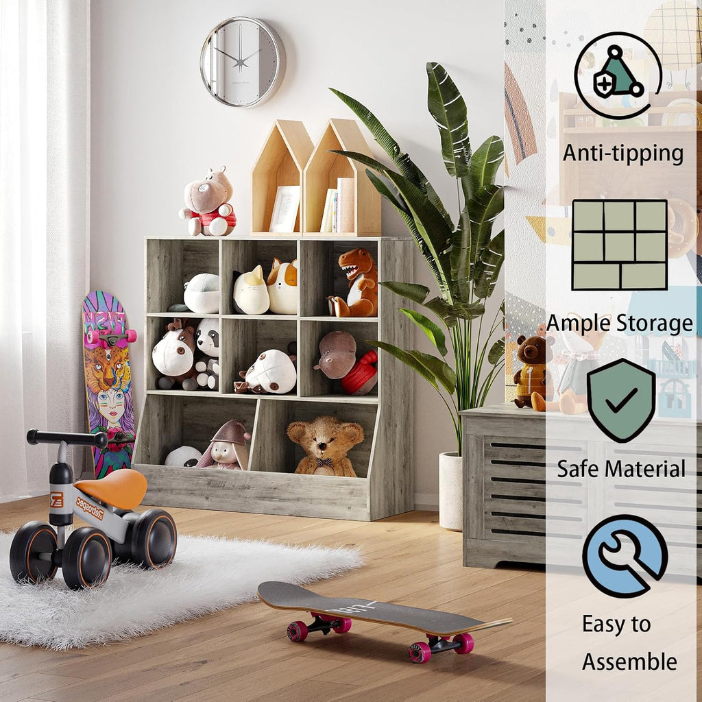 DINZI LVJ Toy Storage Organizer, Kids Bookshelf, Wood Toy Storage Cabinet, 3-Tier 8 Cubby Children Bookcase, 39.4' L Toddler Book Shelf for Playroom, Living Room, Nursery, Classroom, Gray Wash