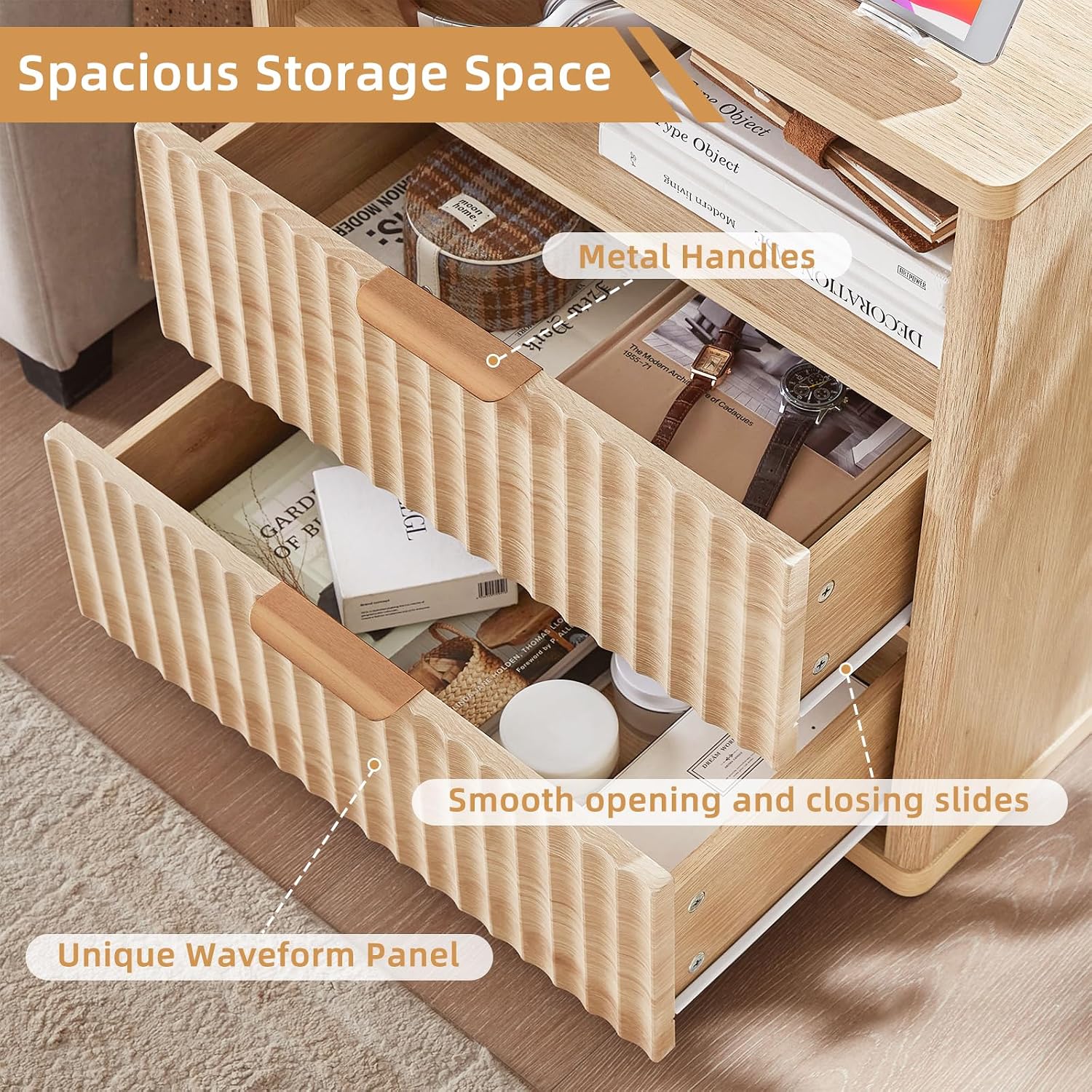 LEYAOYAO Fluted Nightstand with Charging Station, 23' Wide 2 Drawers End Table, Natural Night Stand with Open Storage Cabinet, Farmhouse Bed Side Tables, Wood Dresser for Bedroom, Living Room, Closet