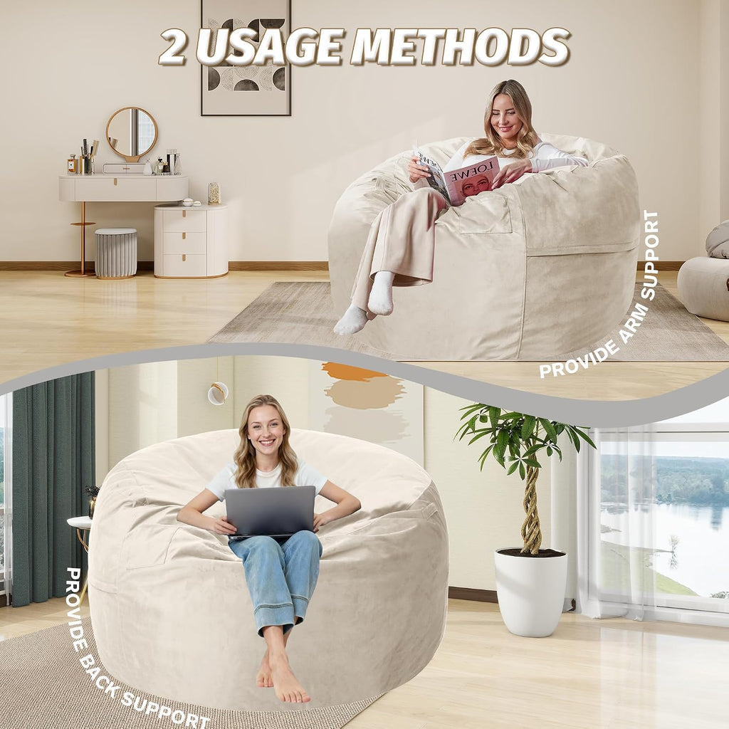 5FT Bean Bag Chair with Ultra Soft Velvet Cover Bean Bag Sofa with Memory Foam Bean Bag Chairs with Large Size Lazy Sofa for Dorm Office Living Room Bedroom Beige 5'