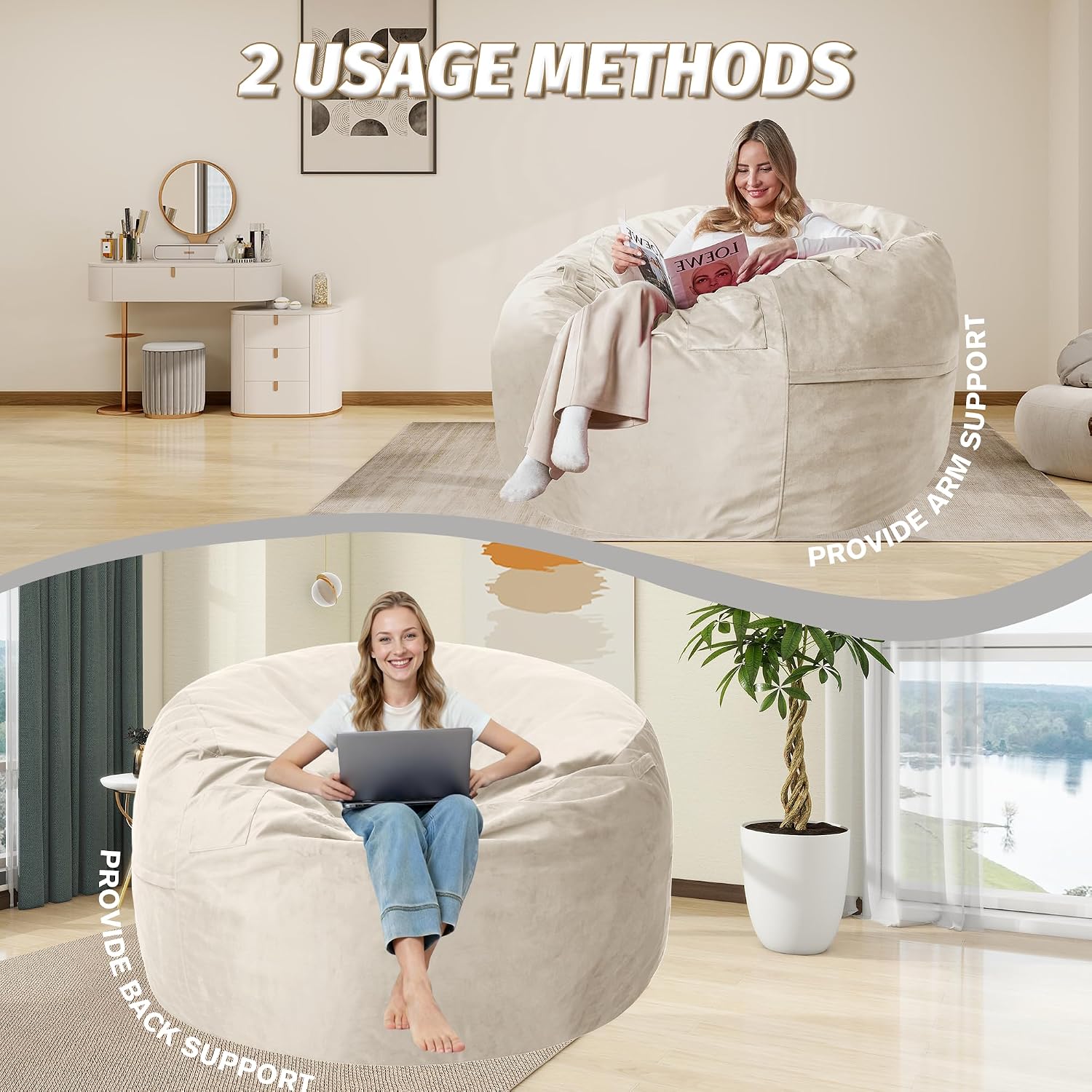 5FT Bean Bag Chair with Ultra Soft Velvet Cover Bean Bag Sofa with Memory Foam Bean Bag Chairs with Large Size Lazy Sofa for Dorm Office Living Room Bedroom Beige 5'