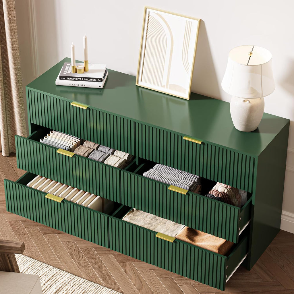 MAISONARIA Green 6 Drawer Dresser for Bedroom, 55' Wide Modern Chest of Drawers with Gold Metal Handles, Fluted Wood TV Stand for Living Room, Hallway