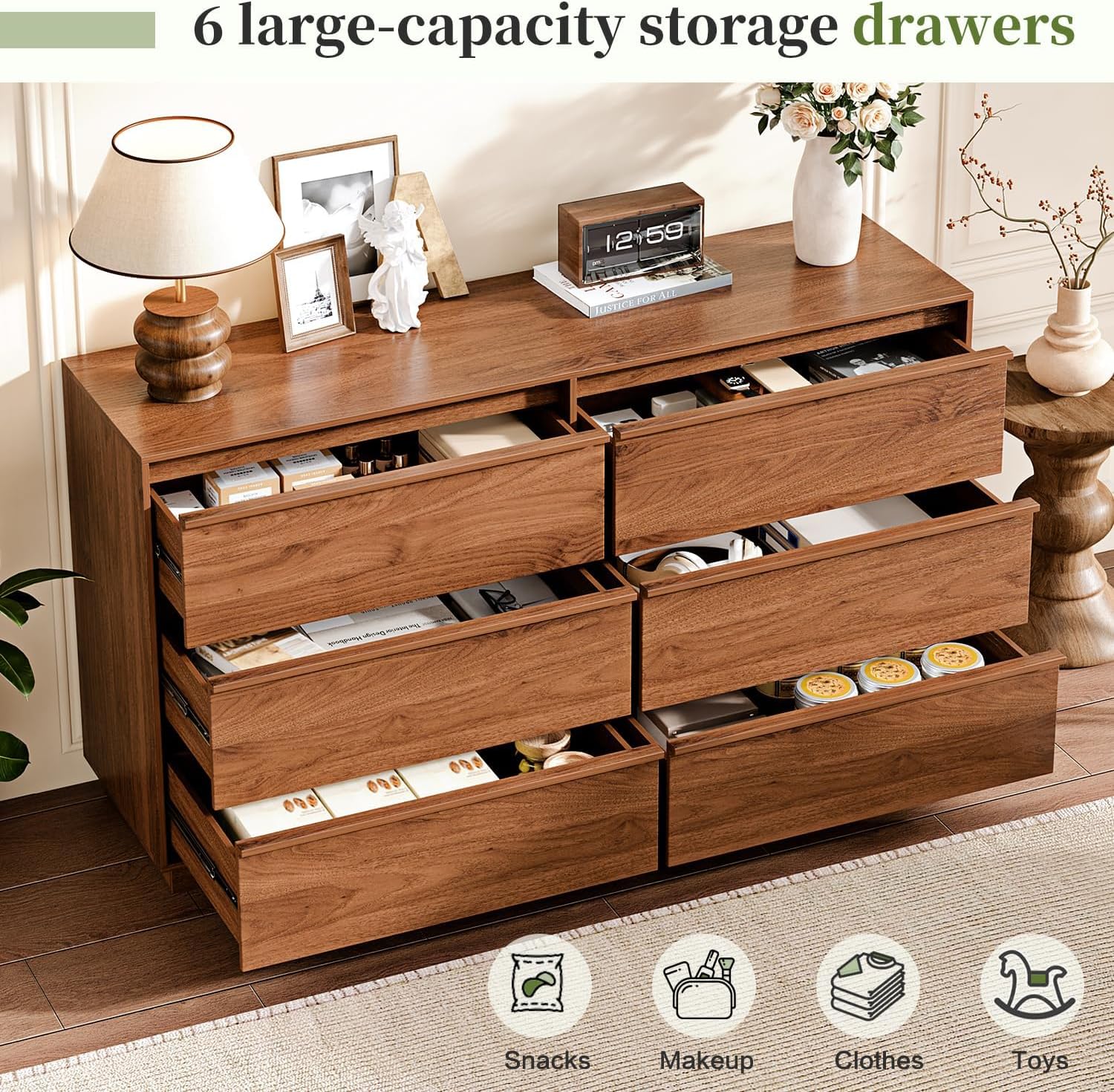 Ieejdn 55.12' Modern Chest of Drawer, 6 Deep Drawers,Clothes Organizer,Large Storage Cabinet for Living Room, Bedroom,Dresser TV Stand, Wood Drawer Organizer for Living Room, Hallway, Brown