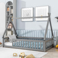 Twin Size Tent Floor Bed for Kids,Montessori Floor Bed with Fence，Floor Bed Frame Twin Size,Teepee Bed with Slats for Girls Boys,Grey