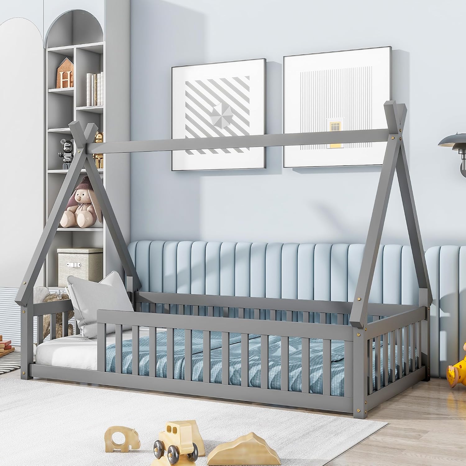 Twin Size Tent Floor Bed for Kids,Montessori Floor Bed with Fence，Floor Bed Frame Twin Size,Teepee Bed with Slats for Girls Boys,Grey