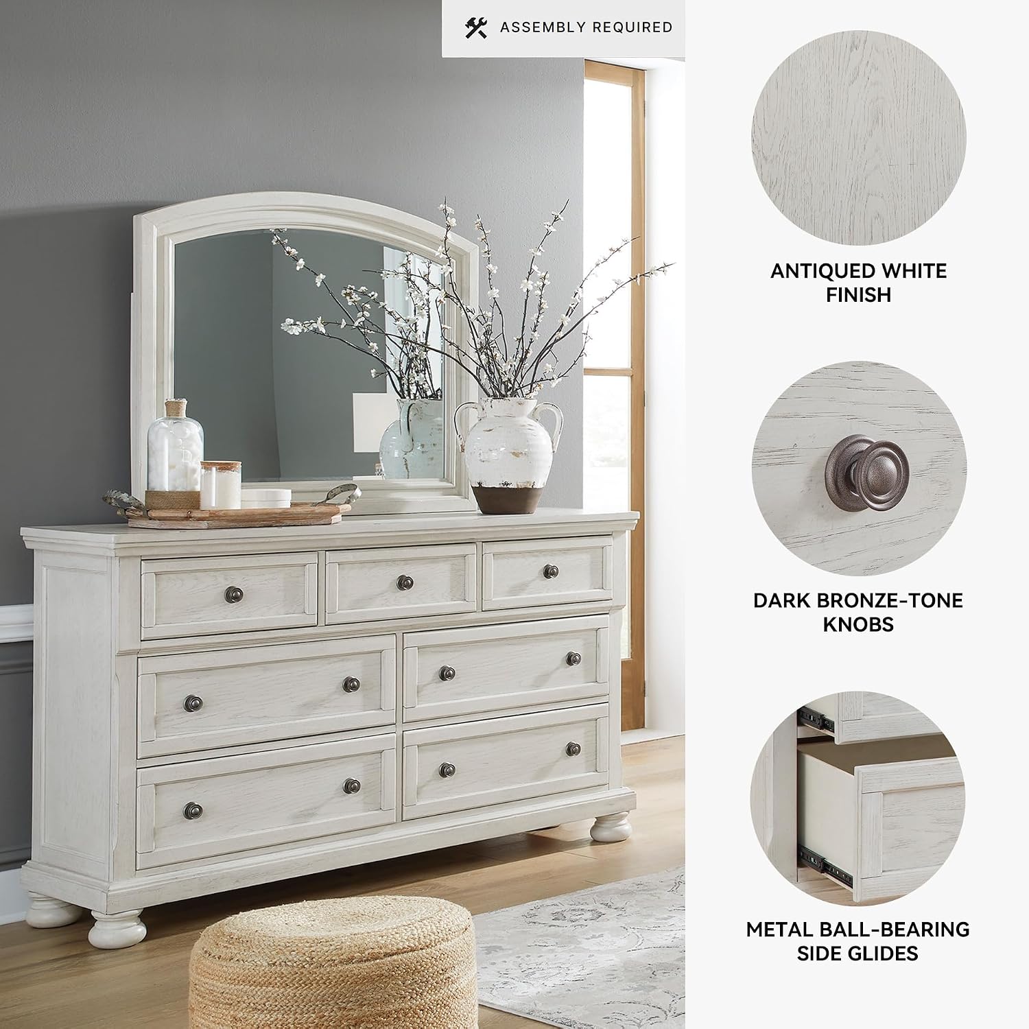 Signature Design by Ashley Robbinsdale Casual Smooth-Gliding 7-Drawer Dresser and Mirror with Safety Stop, Felt-Lined Top Drawers and Pull-Out Tray, White