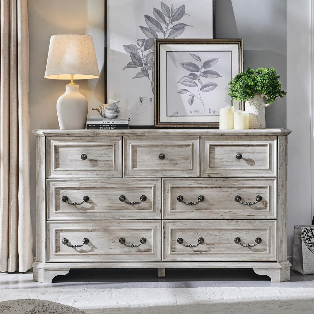T4TREAM Farmhouse 7 Drawers Dresser for Bedroom, 54' Wide Wood Rustic Chest of Drawers with Natural Texture, Vintage Design, Storage Dressers Organizer for Bedroom, Living Room, Distressed White