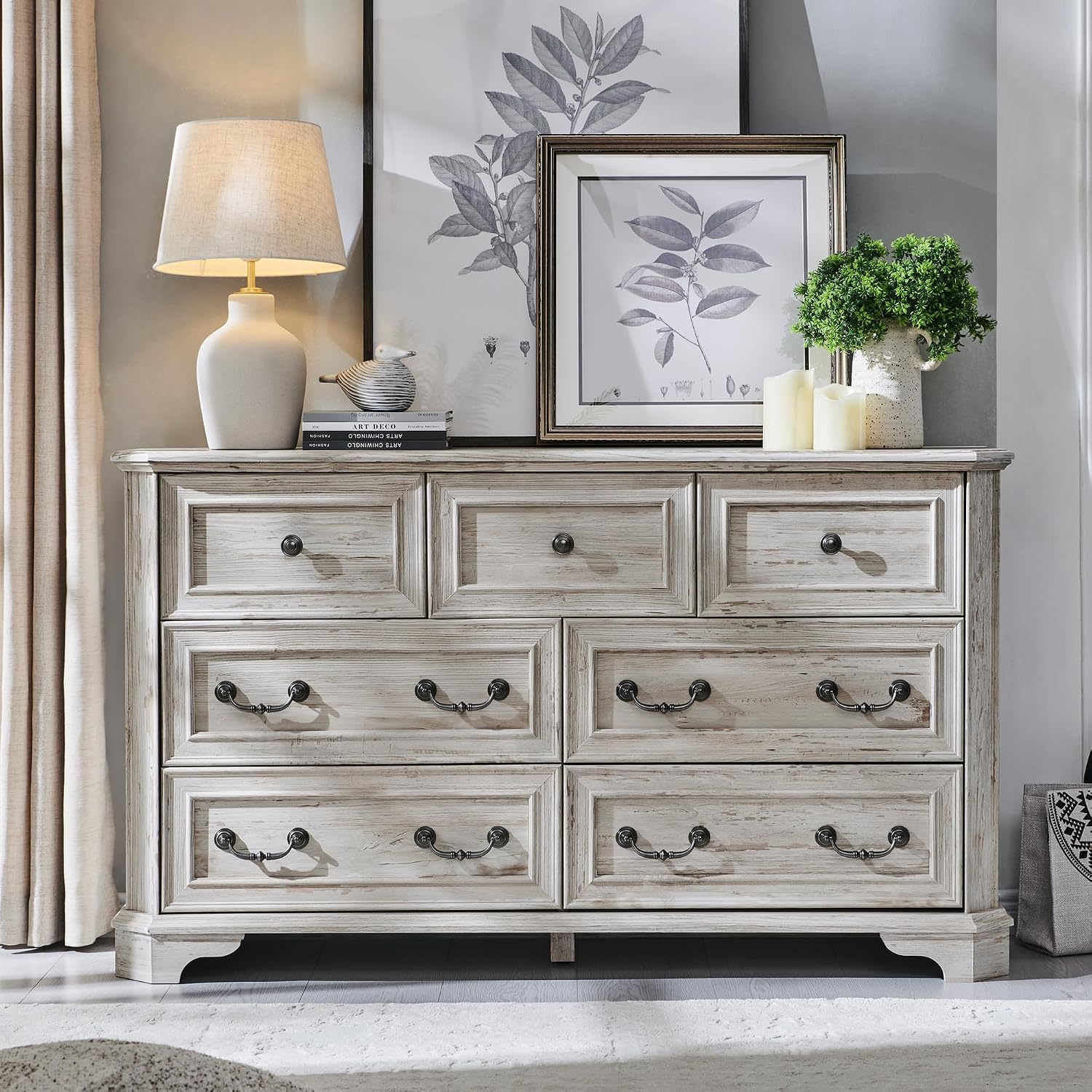 T4TREAM Farmhouse 7 Drawers Dresser for Bedroom, 54' Wide Wood Rustic Chest of Drawers with Natural Texture, Vintage Design, Storage Dressers Organizer for Bedroom, Living Room, Distressed White