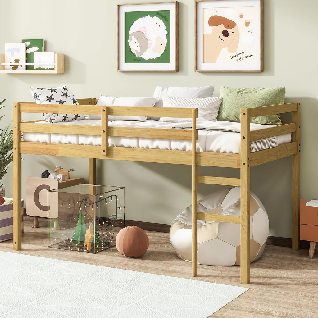 JIVOIT Twin Size Loft Bed with Ladder, Solid Rubber Wooden Low Height Loft Bed, Bed Platform of Strengthened Slats, No Box Spring Needed (Natural//14)