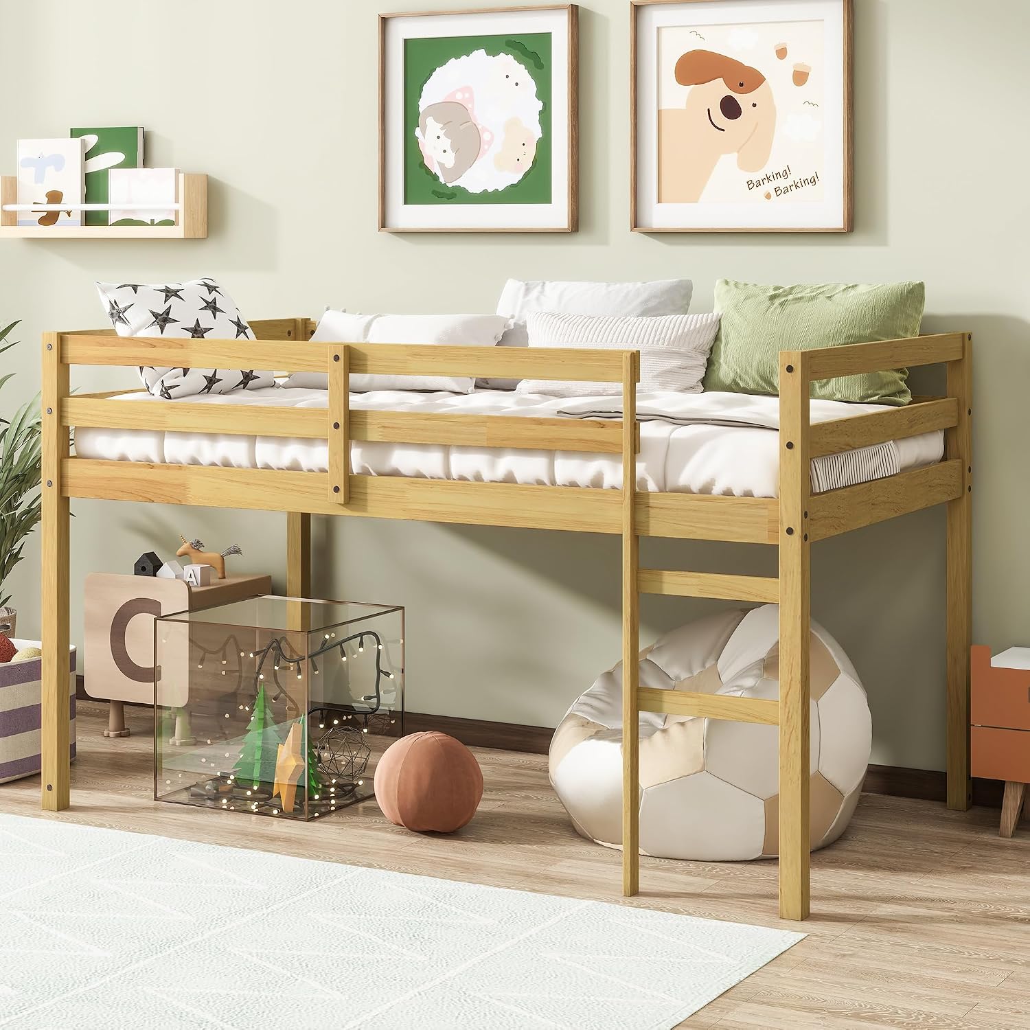JIVOIT Twin Size Loft Bed with Ladder, Solid Rubber Wooden Low Height Loft Bed, Bed Platform of Strengthened Slats, No Box Spring Needed (Natural//14)