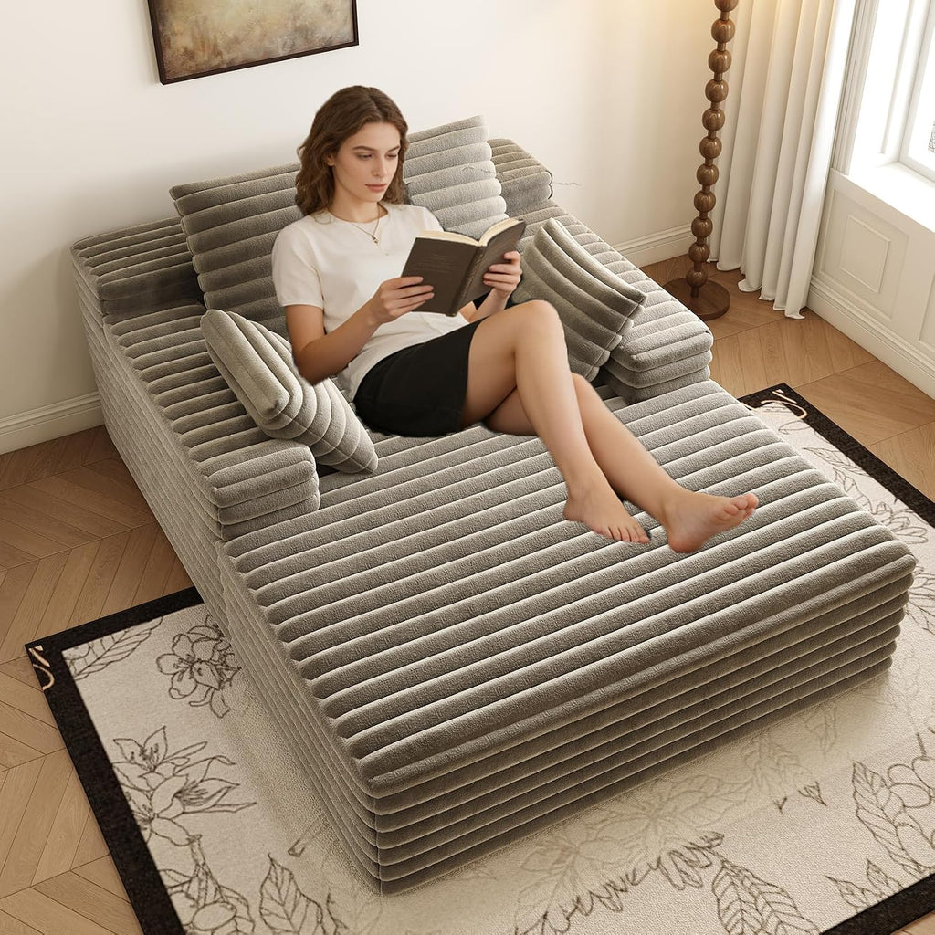 Oversized Chaise Lounge Chair Indoor, 62.6' Cloud Boneless Sleeper Couch Corduroy Upholstered Sofa Bed Deep Seat Comfy Reading Chair with 3 Pillows for Living Room Bedroom, Camel
