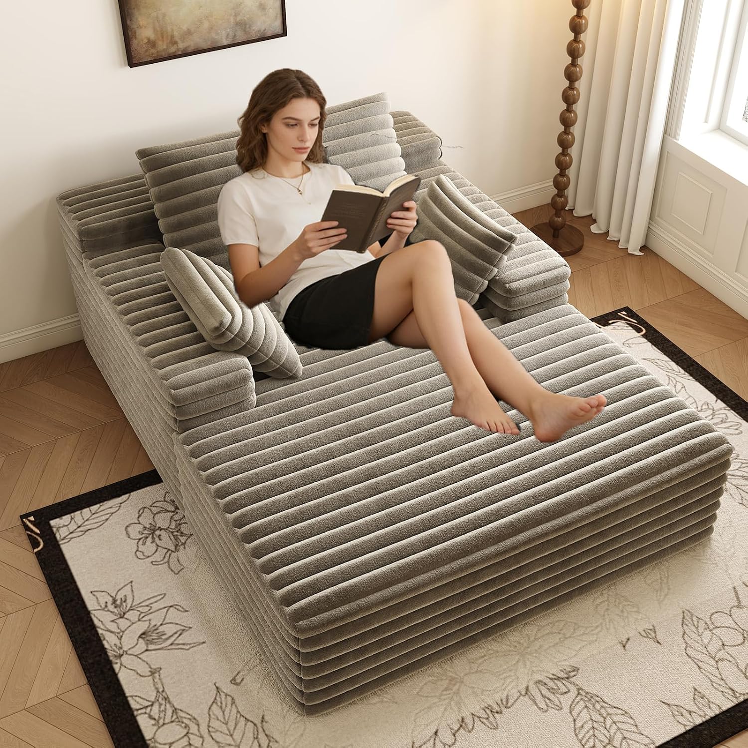 Oversized Chaise Lounge Chair Indoor, 62.6' Cloud Boneless Sleeper Couch Corduroy Upholstered Sofa Bed Deep Seat Comfy Reading Chair with 3 Pillows for Living Room Bedroom, Camel