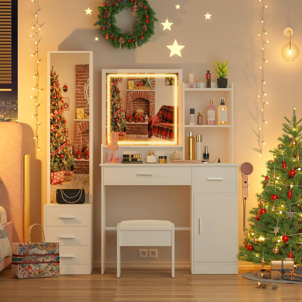 INTERGREAT Makeup Vanity with Lights and Mirror, White Vanity Desk, Dressing Table with Large Drawers, 3 Lighting Modes, Full Length Mirror, Bedroom