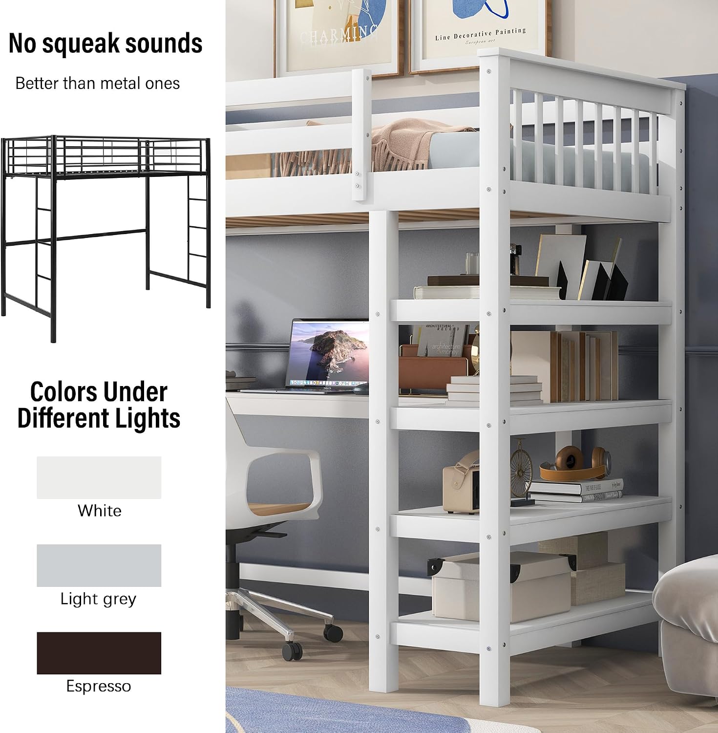 Merax Wood Loft Bed with Desk : Twin Size Loft Bed with 4-Storage Shelves and Under-Bed Desk Solid Wood Bed, White