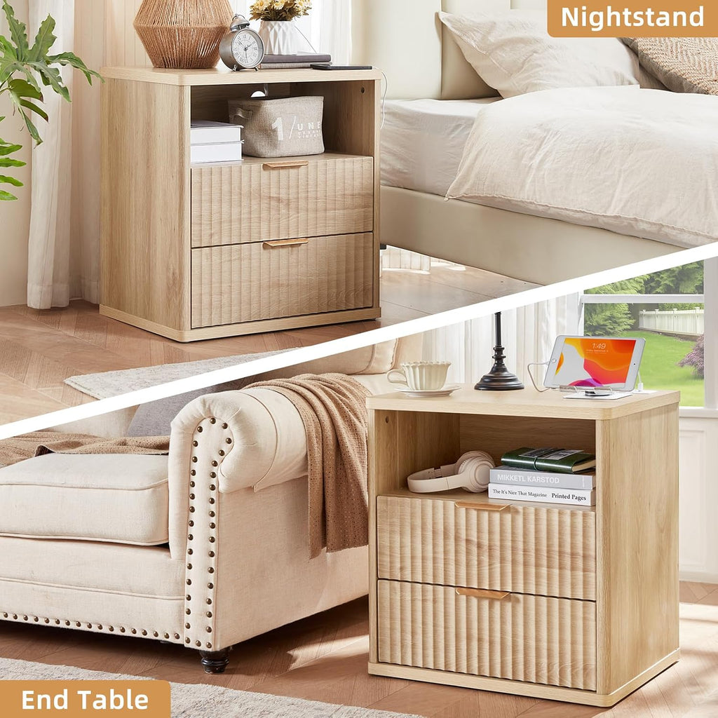 LEYAOYAO Fluted Nightstand with Charging Station, 23' Wide 2 Drawers End Table, Natural Night Stand with Open Storage Cabinet, Farmhouse Bed Side Tables, Wood Dresser for Bedroom, Living Room, Closet
