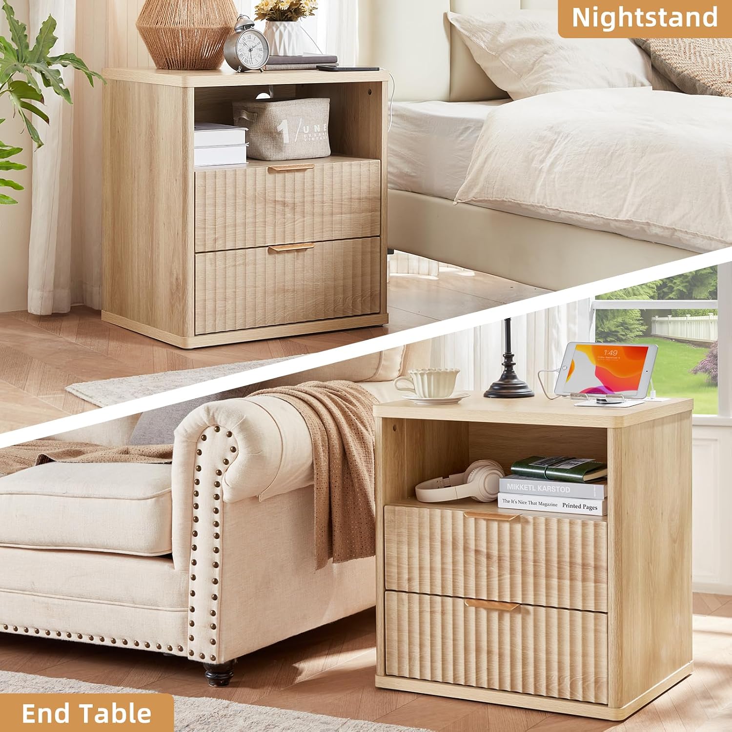 LEYAOYAO Fluted Nightstand with Charging Station, 23' Wide 2 Drawers End Table, Natural Night Stand with Open Storage Cabinet, Farmhouse Bed Side Tables, Wood Dresser for Bedroom, Living Room, Closet
