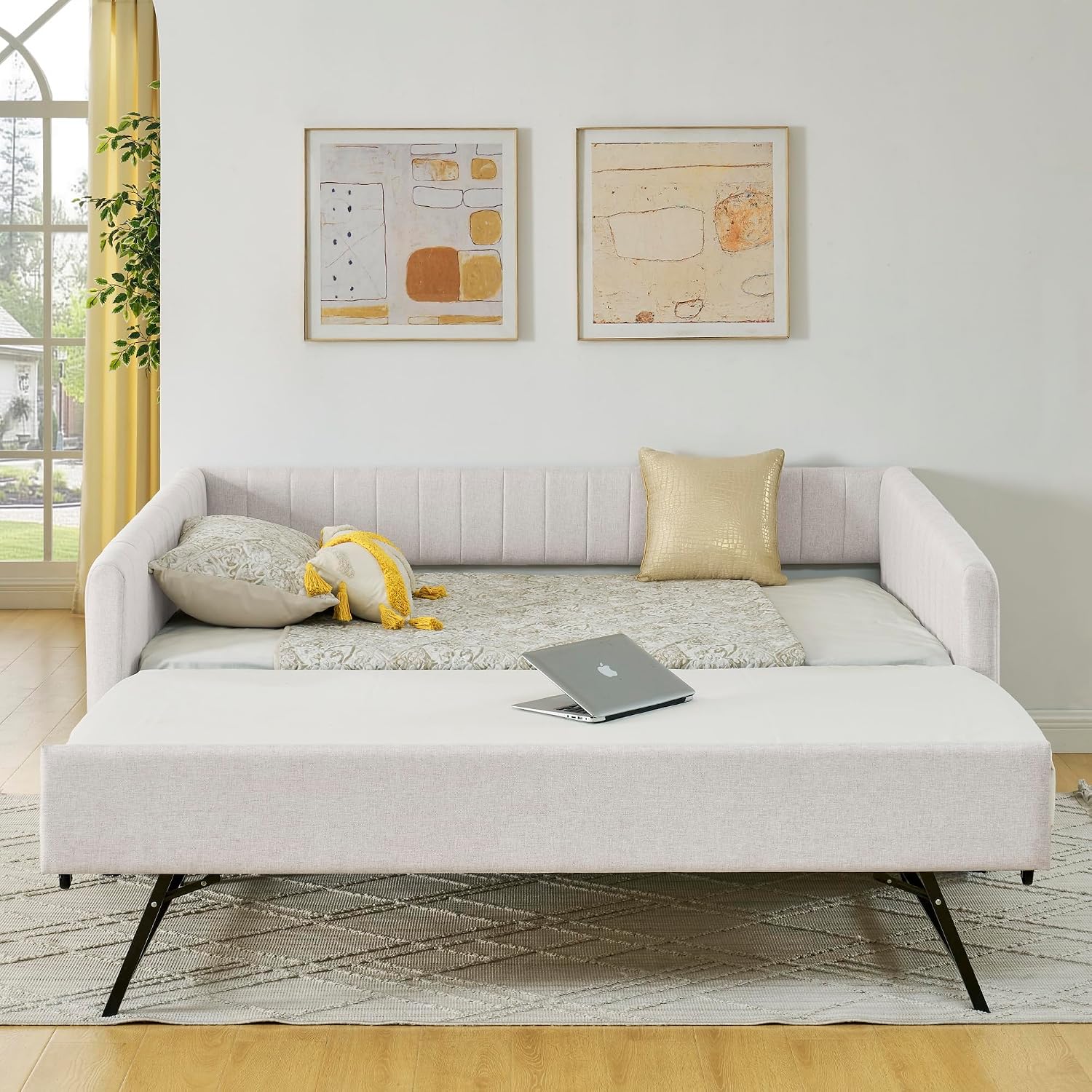 Ball & Cast Full Size Daybed with Pop up Trundle,Linen Upholstered Day Bed Frame with Channel Tufted Backrest & Armrest,Extendable Trundle Bed,Full to King Design,Easy Assembly,Black