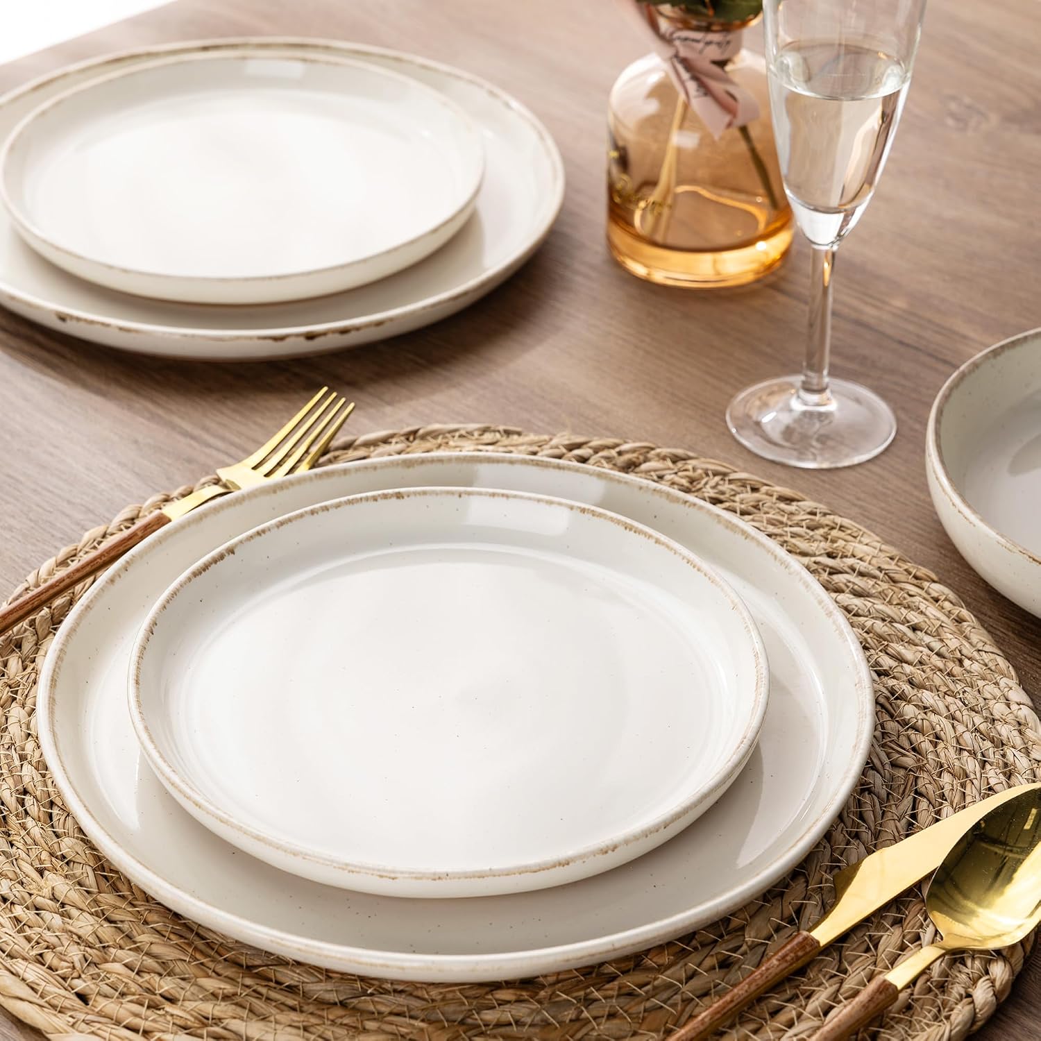 AmorArc Dinnerware Sets with Pasta Bowls for 6, Handpainted Stoneware Plates and Bowls Set with Rustic Terracotta Underside, Scratch Resistant Dishes Set, Dishwasher & Microwave Safe, 24 Pcs