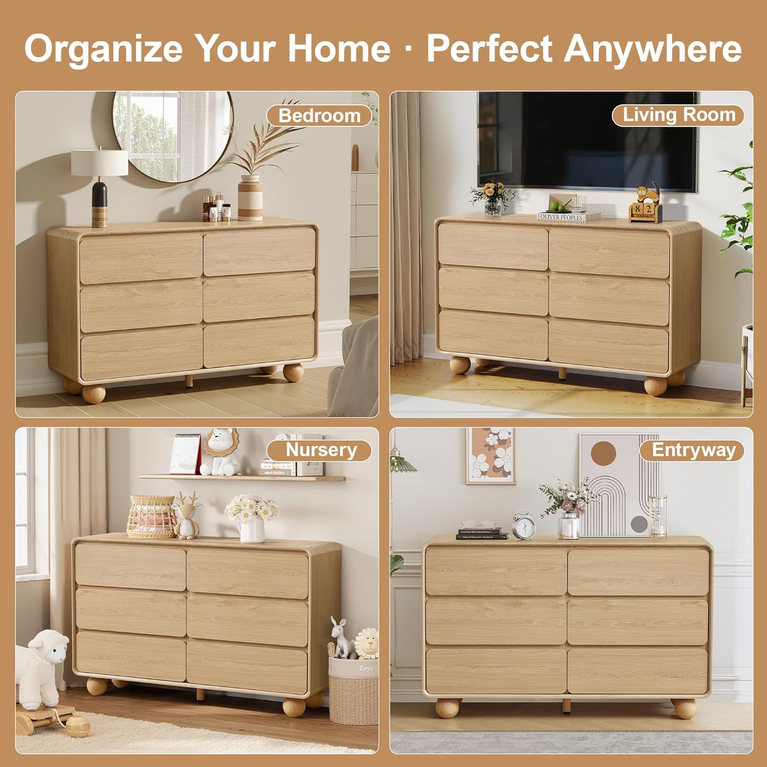 AVZEAR 6 Drawer Dresser for Bedroom, 48' Modern Wooden Dresser Chest of Drawers, Curved Profile Design, Closet Clothes Storage Organizer for Kids Bedroom, Living Room, Nursery, Natural Color