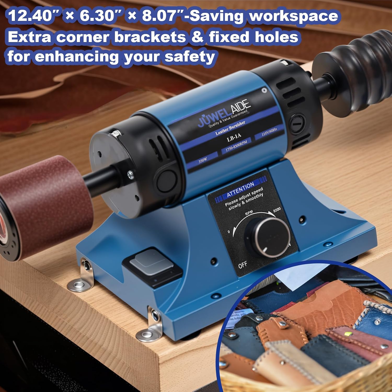 Leather Burnishing Machine | Variable Speed Leathercraft Bench Grinder, Polishing Tool, Sanding Machine, Rosewood Wheel for Leather Edge | Low Noise Motor, Standard 2x2 Inch Drum Sleeves