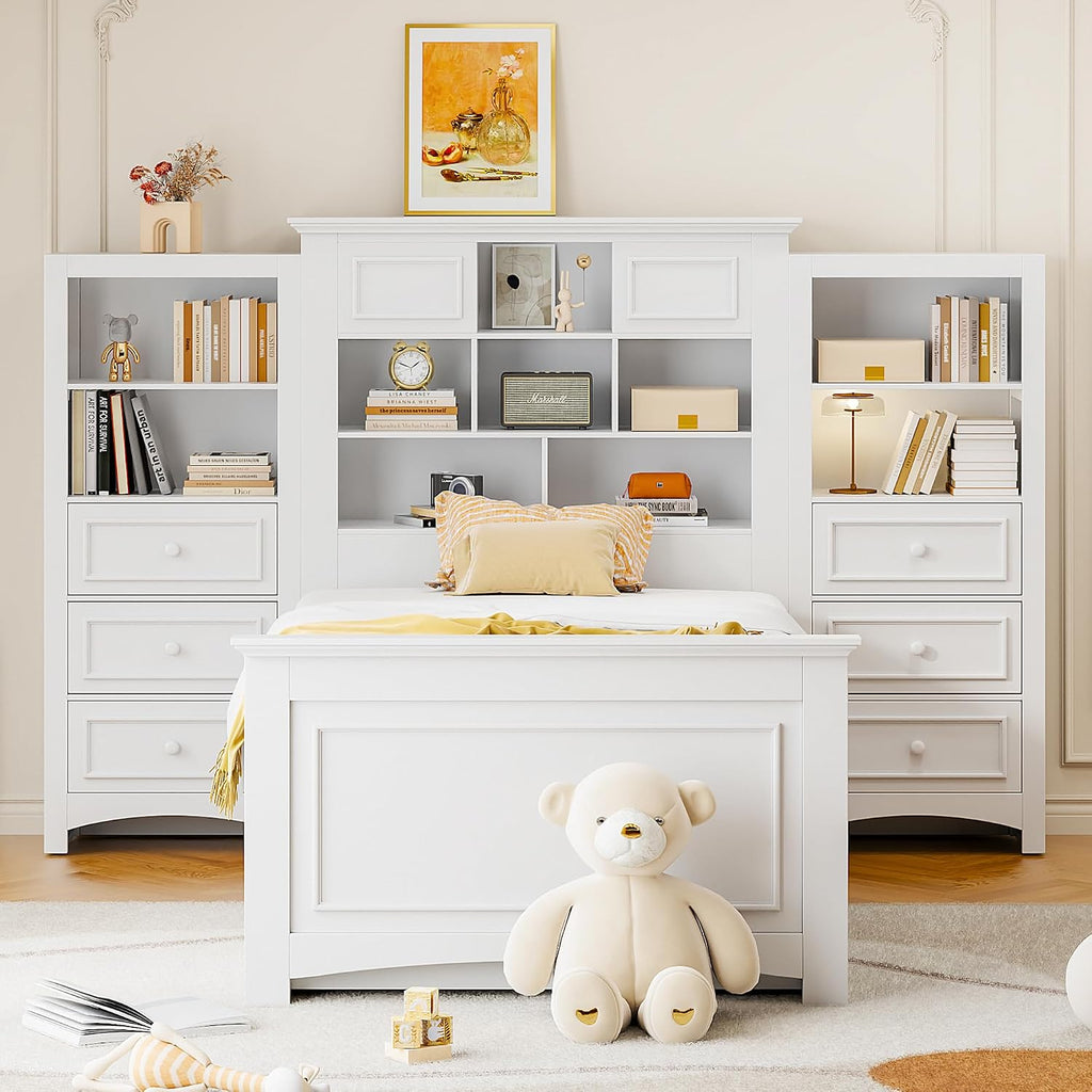 Twin Size Platform Bed with All-in-One Vertical Cabinet Bookcase, Solid Wood Captain's Bed Platform Bed Frame with 4 Drawers on Each Side, Storage Headboard (White-A)