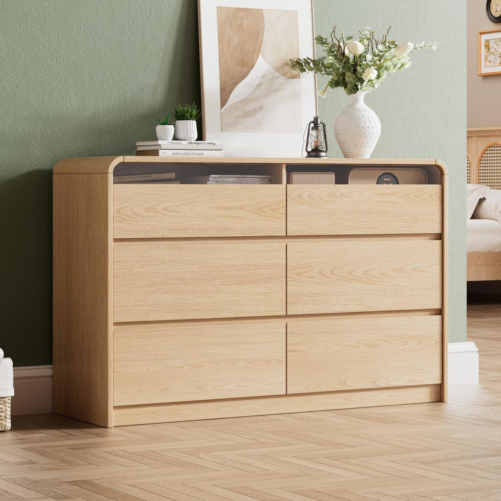 Ieejdn 47.2' Dresser with 6 Drawer, Wide Dresser with Recessed Glass Display & Silent Metal Rails, Handleless Chest of Drawers for Clothes, and Bedding, Oak