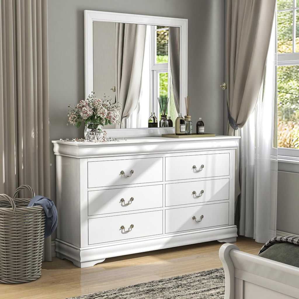 Furniture of America Arabella Traditional Wooden 6 Drawer Dresser with Mirror, Vintage Bedroom Set, Accent Vanity Dressing Table with Antique Nickle Handles for Dressing Room, Walk-in Closet, White