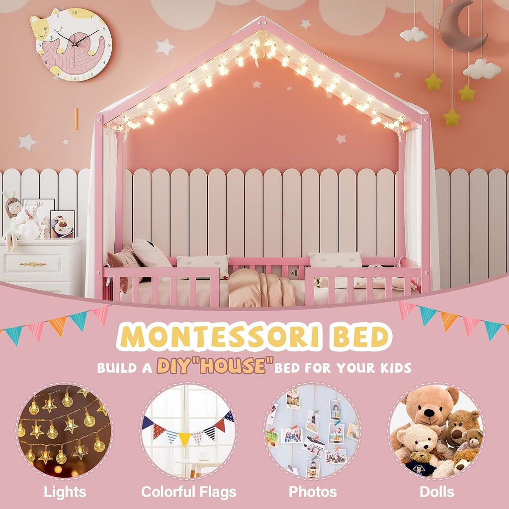 Twin Montessori Floor House Bed with High Rails, Wood Kids Low Floor Bed with Roof & Canopy, Montessori Twin Kids Bed Frame for Girls, Boys,No Box Spring Needed, Pink
