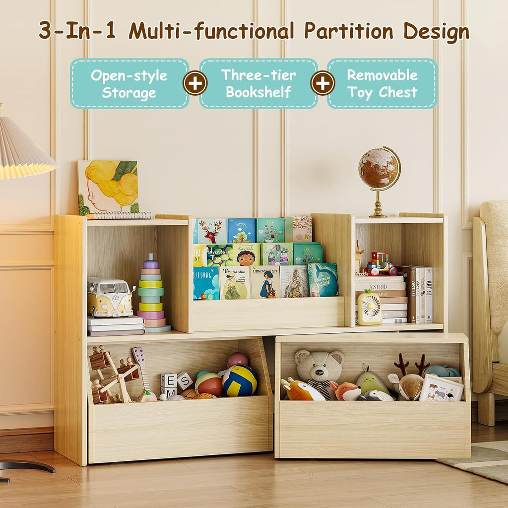 EXPERLAM Solid Wood Kids Bookshelf and Toy Storage Organizer, 3-in-1 Montessori Bookcase with Storage Cubbies and 2 Rolling Toy Bins, Toddler Bookshelf for Kids Room, Playroom, Nursery