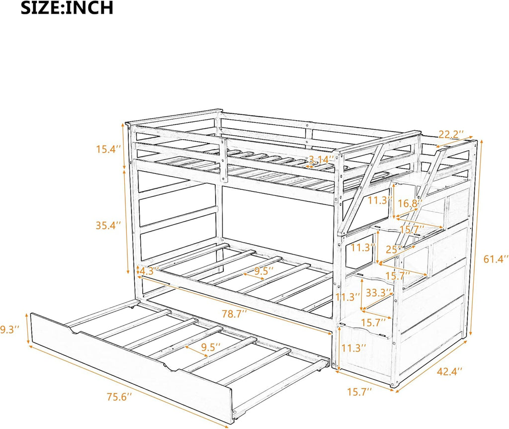 Harper & Bright Designs Twin-Over-Twin Bunk Bed with Twin Size Trundle and 3 Storage Stairs, Trundle Bunk Bed, Staircase Can be Installed on Right or Left Side (Gray)