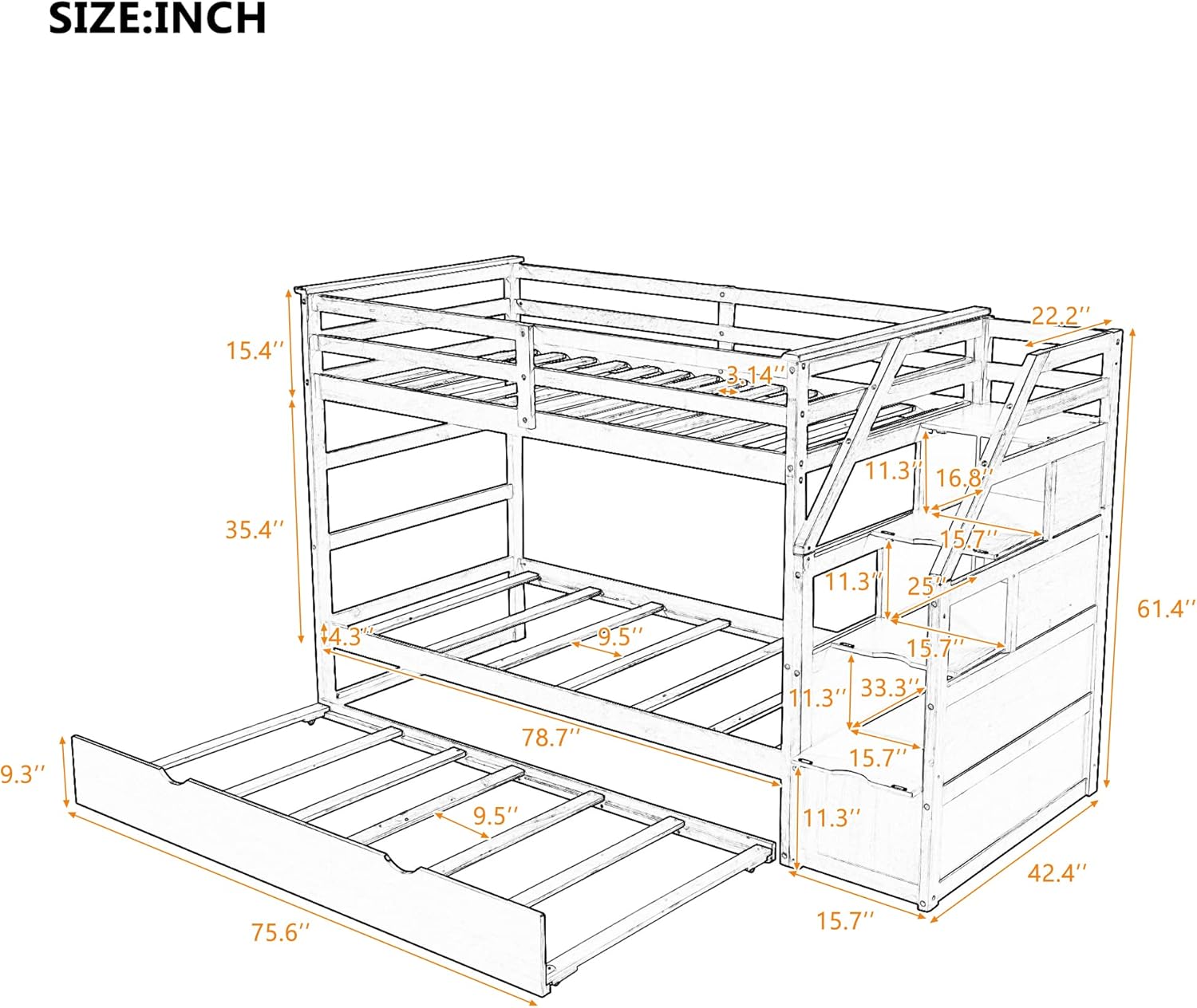 Harper & Bright Designs Twin-Over-Twin Bunk Bed with Twin Size Trundle and 3 Storage Stairs, Trundle Bunk Bed, Staircase Can be Installed on Right or Left Side (Gray)