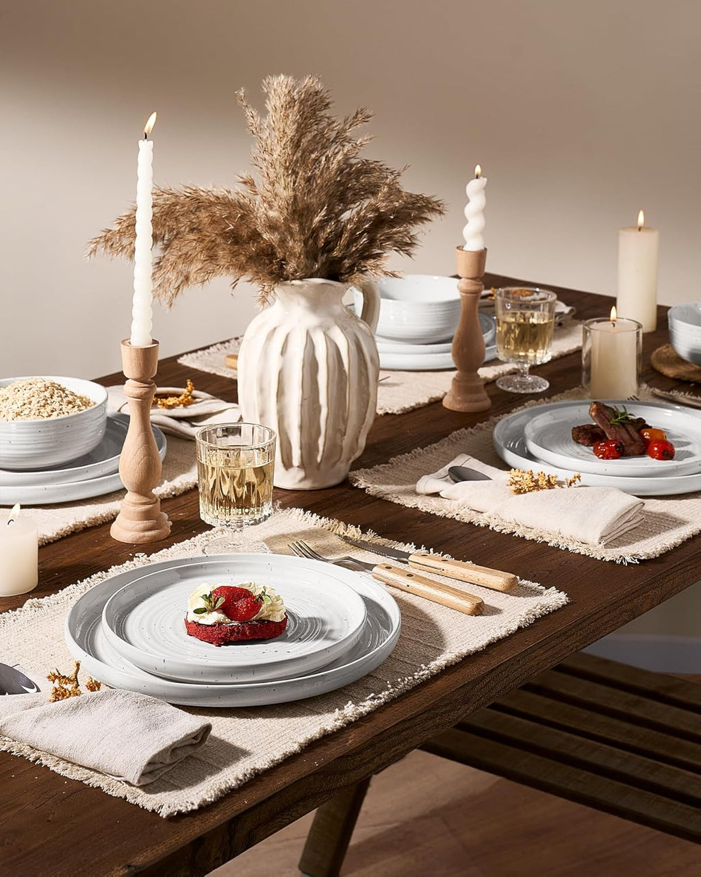 24-Piece Stoneware Dinnerware Set – Flared Plates and Bowls with Reactive Glaze, Speckles & Spirals, Chip & Scratch Resistant Dishes, Dishwasher Safe, Service for 8, Gift Box, White