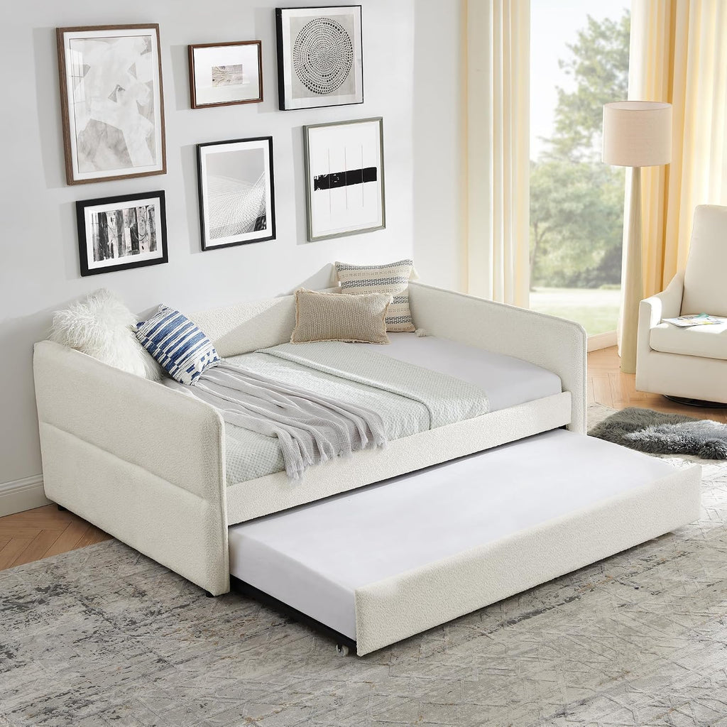 Ball & Cast Full Size Daybed with Pop up Trundle,Boucle Fabric Upholstered Day Bed Frame with Wood Slats Support,Extendable Trundle Bed,Full to King Daybed,Easy Assembly,Beige