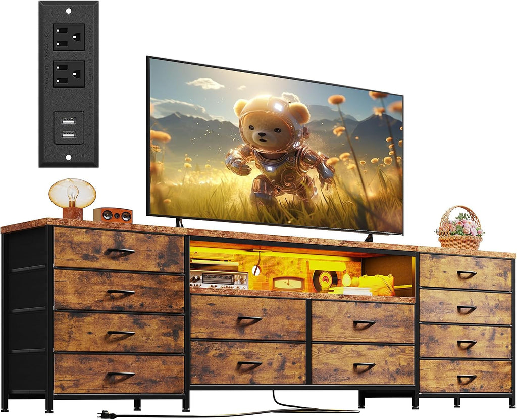 EnHomee 63' W TV Stand Fits 65/70 Inch TV, 12 Drawers Dresser with LED Lights & Power Outlets, Entertainment Center Long Fabric Dresser for Bedroom, Living Room, Hallway, Rustic Brown
