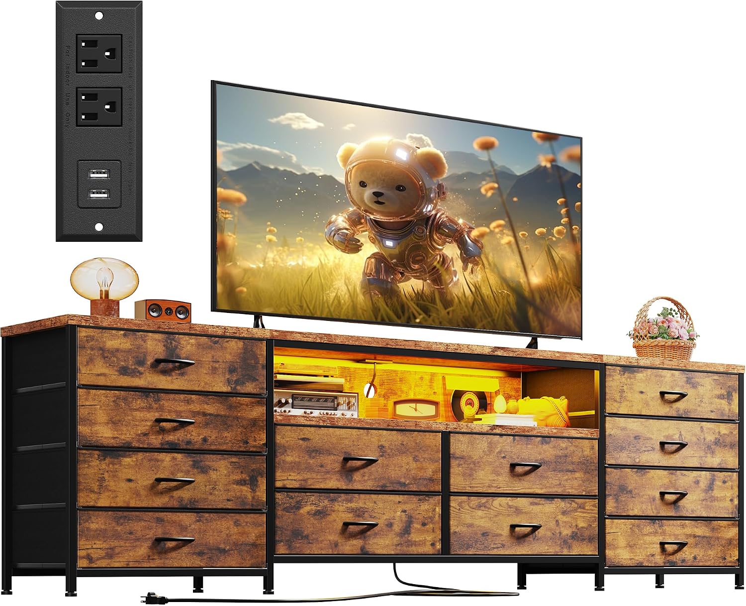 EnHomee 63' W TV Stand Fits 65/70 Inch TV, 12 Drawers Dresser with LED Lights & Power Outlets, Entertainment Center Long Fabric Dresser for Bedroom, Living Room, Hallway, Rustic Brown