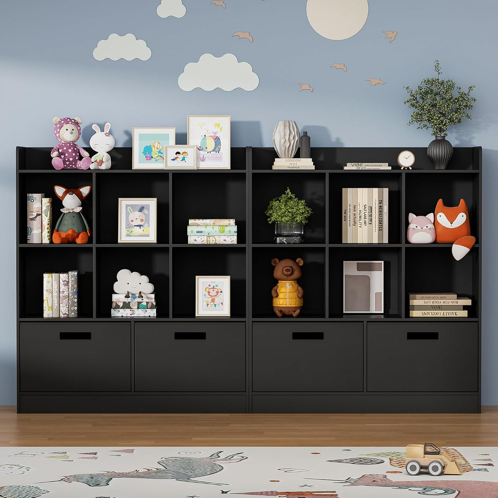 Housoul 8 Cube Kids Bookshelf with Fabric Drawers, 3-Tier Wooden Open Shelf Bookcase, Freestanding Book Shelves, Kids Bookcase Cubby Storage Organizer for Bedroom, Living Room, Office, Black