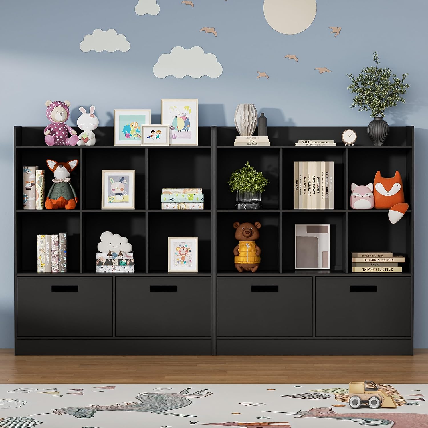 Housoul 8 Cube Kids Bookshelf with Fabric Drawers, 3-Tier Wooden Open Shelf Bookcase, Freestanding Book Shelves, Kids Bookcase Cubby Storage Organizer for Bedroom, Living Room, Office, Black