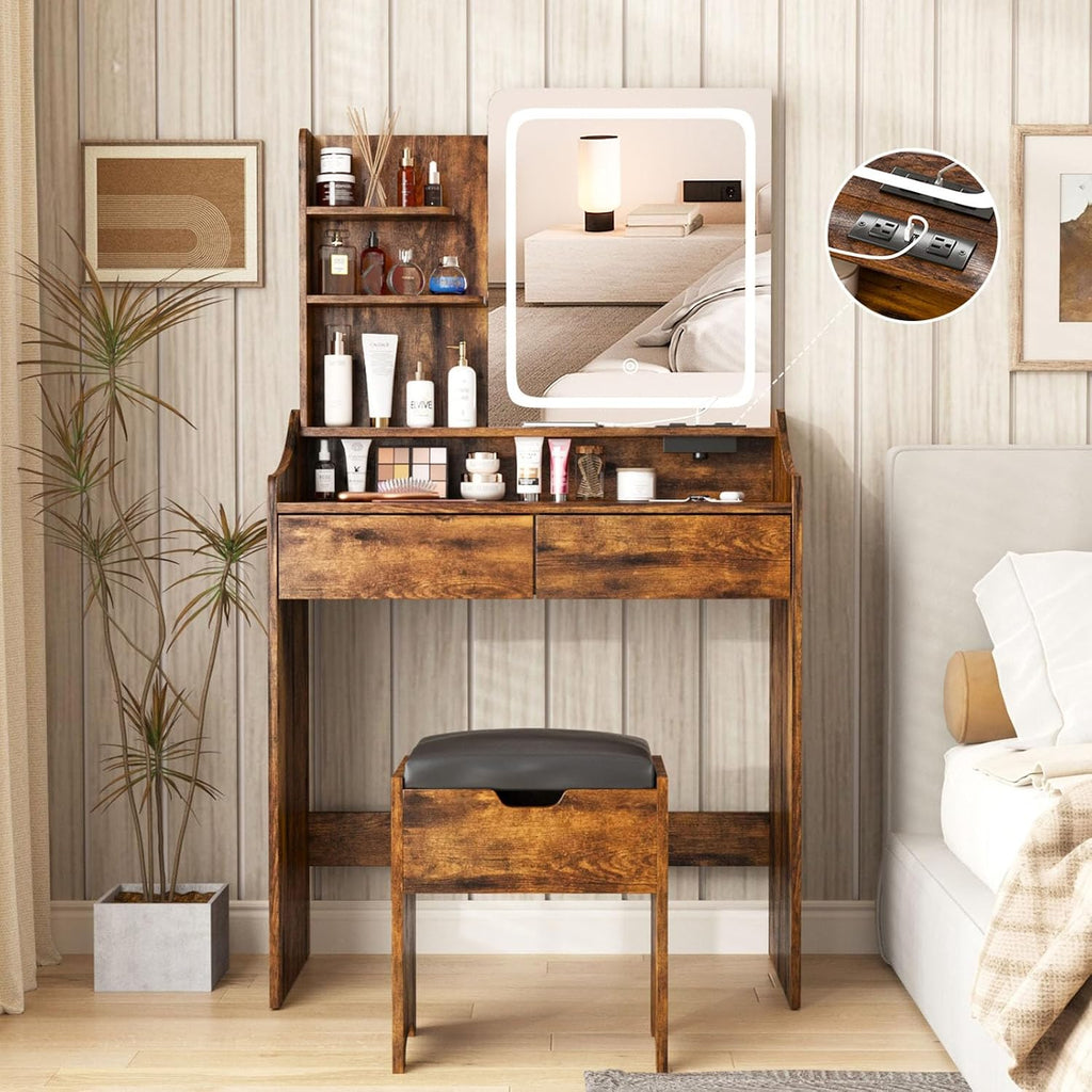 Vabches Vanity Desk with LED Light Mirror and Charging Station 30.3in, Small Vanity Set with 4 Storage Shelves 2 Drawers, Vanity for Girls Women with Storage Stool, Vanity Table for Bedroom (Brown)