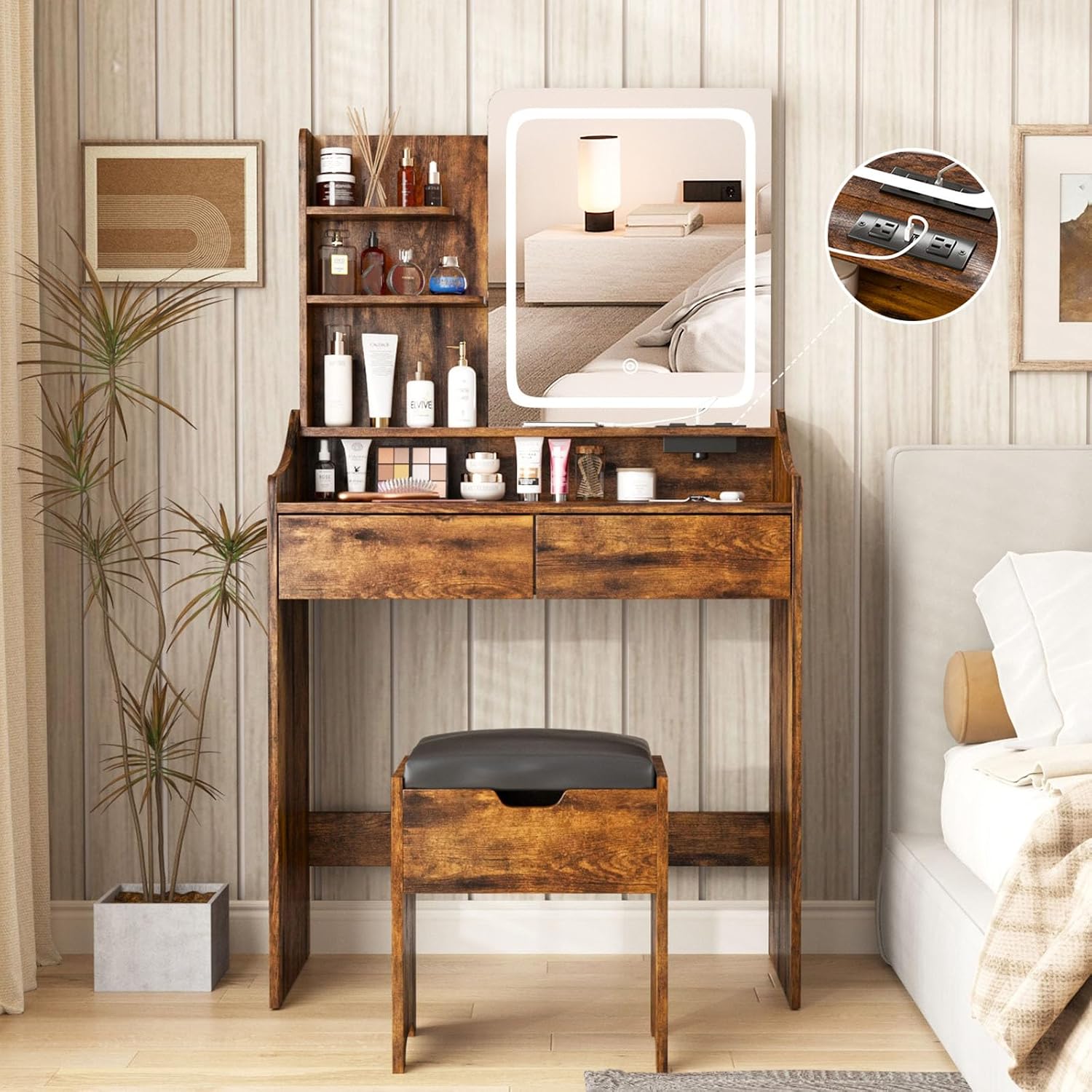 Vabches Vanity Desk with LED Light Mirror and Charging Station 30.3in, Small Vanity Set with 4 Storage Shelves 2 Drawers, Vanity for Girls Women with Storage Stool, Vanity Table for Bedroom (Brown)