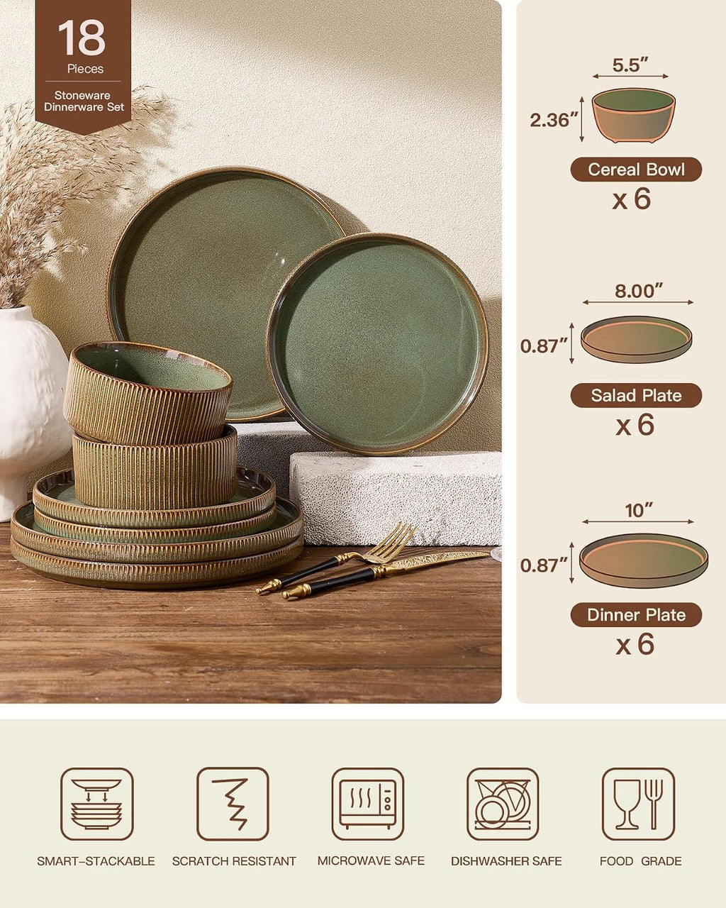 Stoneware Plates and Bowls Dishes Sets Service for 6 (18-Piece), Famiware Premium Handcrafted Reactive Glaze Dinnerware Set with Raised Rim, Scratch Resistant, Microwave Dishwasher Safe, Moss