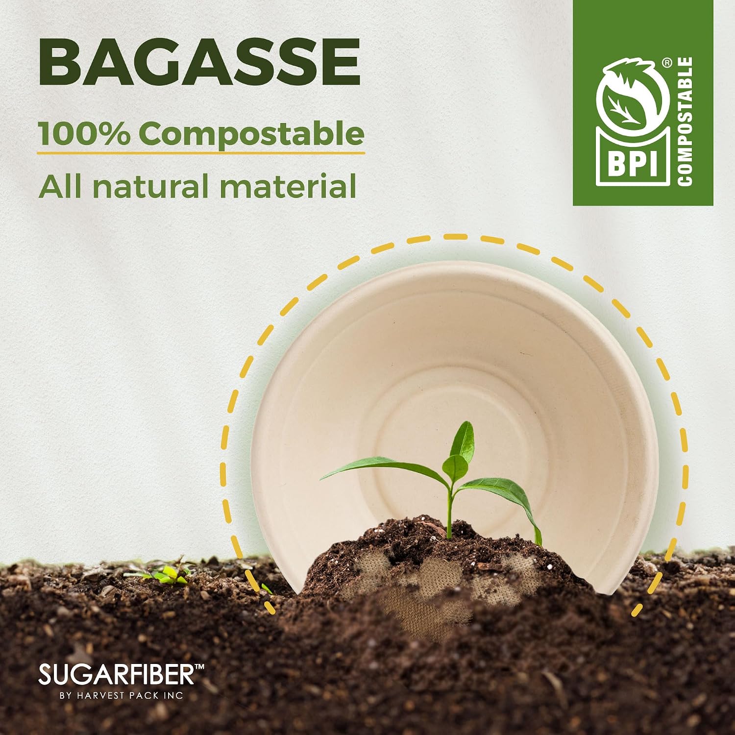 [500 COUNT]Harvest Pack PFAS FREE 48oz Round Compostable Bowls, Heavy-Duty Eco-Friendly Disposable Bagasse Large Soup Paper Bowls, sugarcane made for Meal Prep Takeout Dinnerware, Microwave Safe