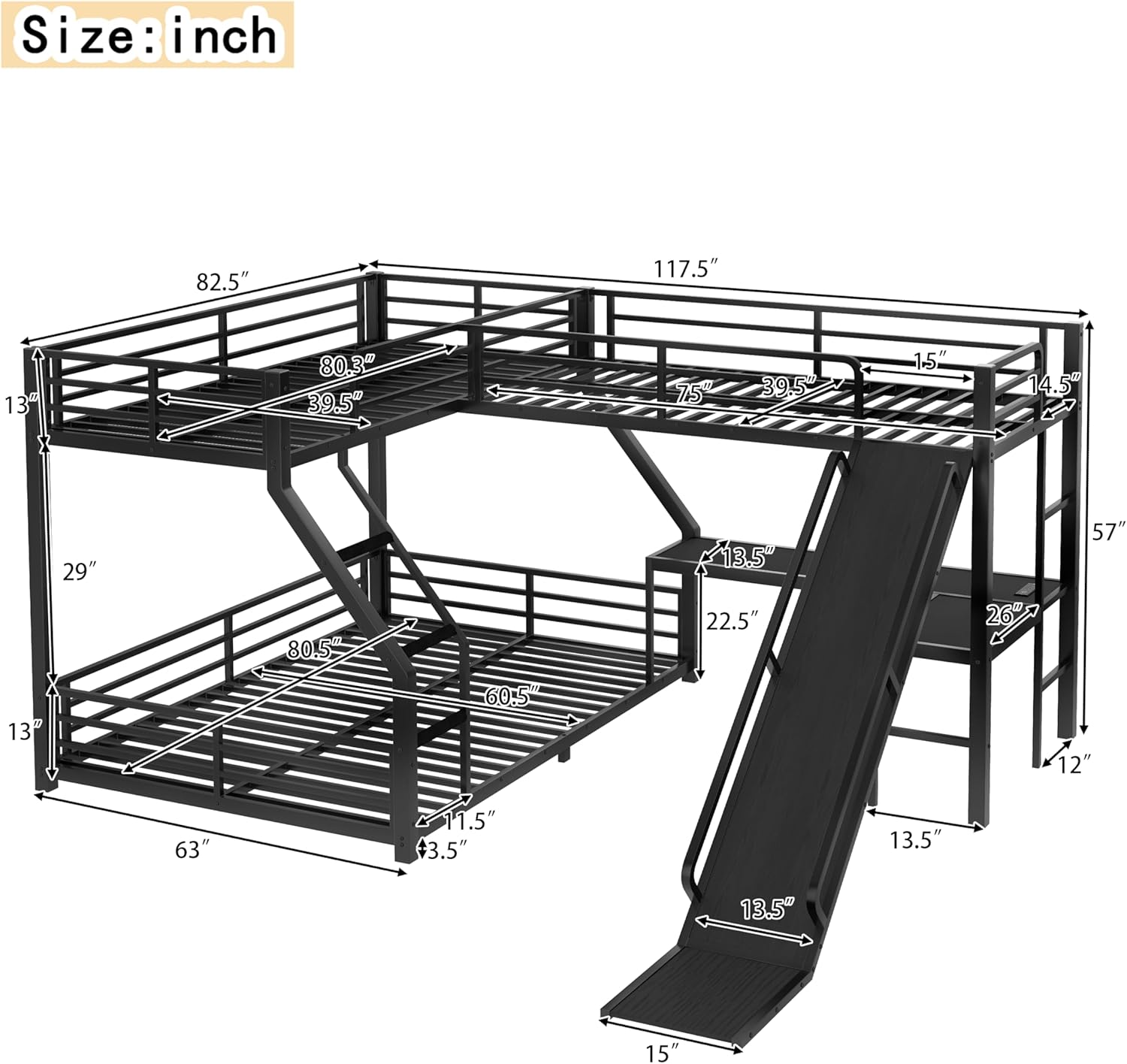 Polibi Space-Saving L-Shaped Metal Triple Bunk Bed, Twin XL Over Queen with Twin Loft Bed, Bunk Bed with Slide and USB Ports, Sturdy Frame with Noise-Free Design for Kids, Teens, Adults, Black
