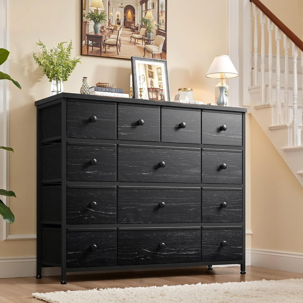 EnHomee Black Dresser with 13 Fabric Drawers TV Stand for Bedroom for 45 Inch TV Chests of Drawers for Living Room, Entryway, Wood Top and Sturdy Frame