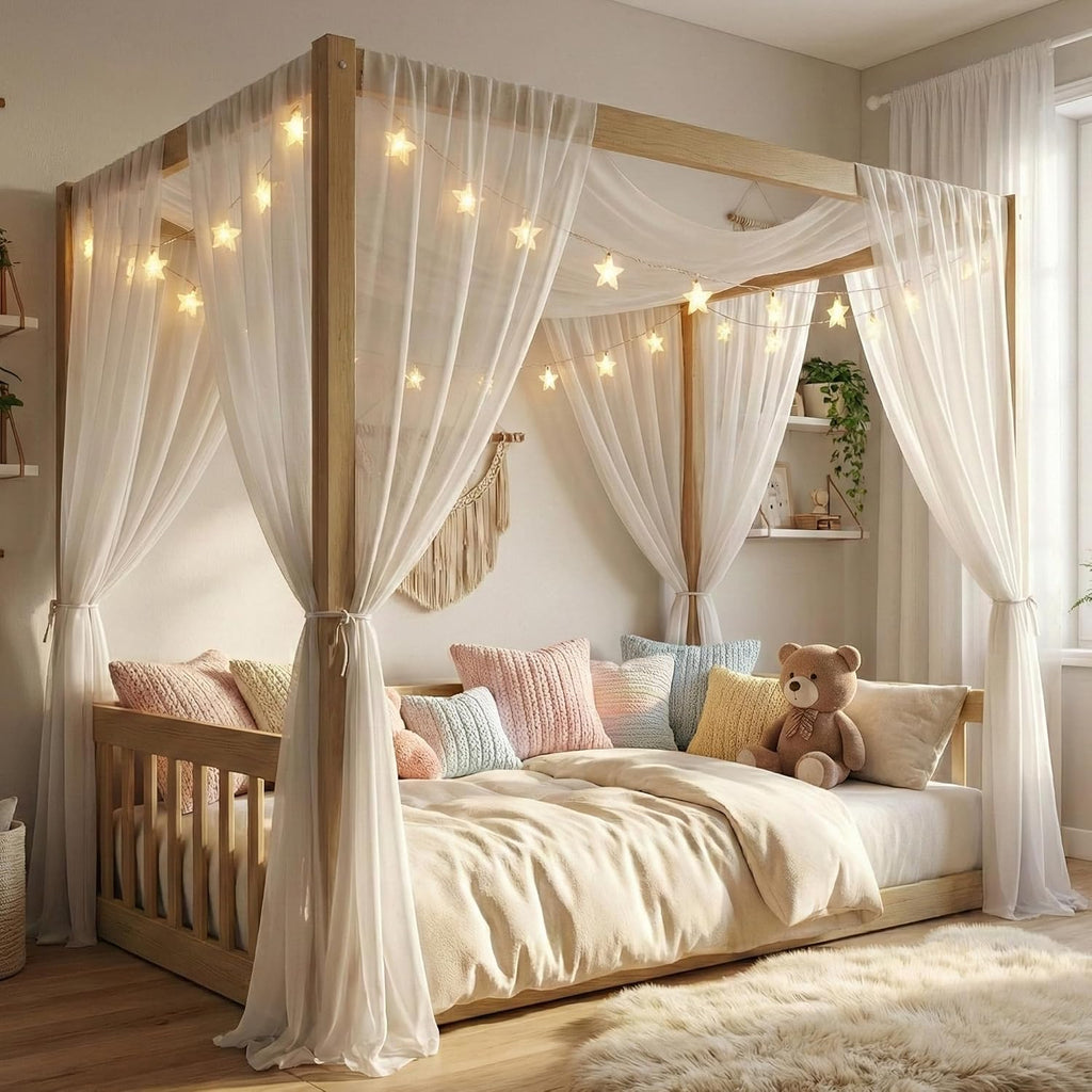 Twin Size Montessori Floor Bed with Canopy Frame and High Guardrails, Solid Wood Twin Canopy Bed with 4 Posters, Safe and Stylish Canopy Twin Bed for Kids Girls Boys,Natural