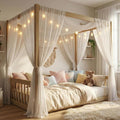 Twin Size Montessori Floor Bed with Canopy Frame and High Guardrails, Solid Wood Twin Canopy Bed with 4 Posters, Safe and Stylish Canopy Twin Bed for Kids Girls Boys,Natural