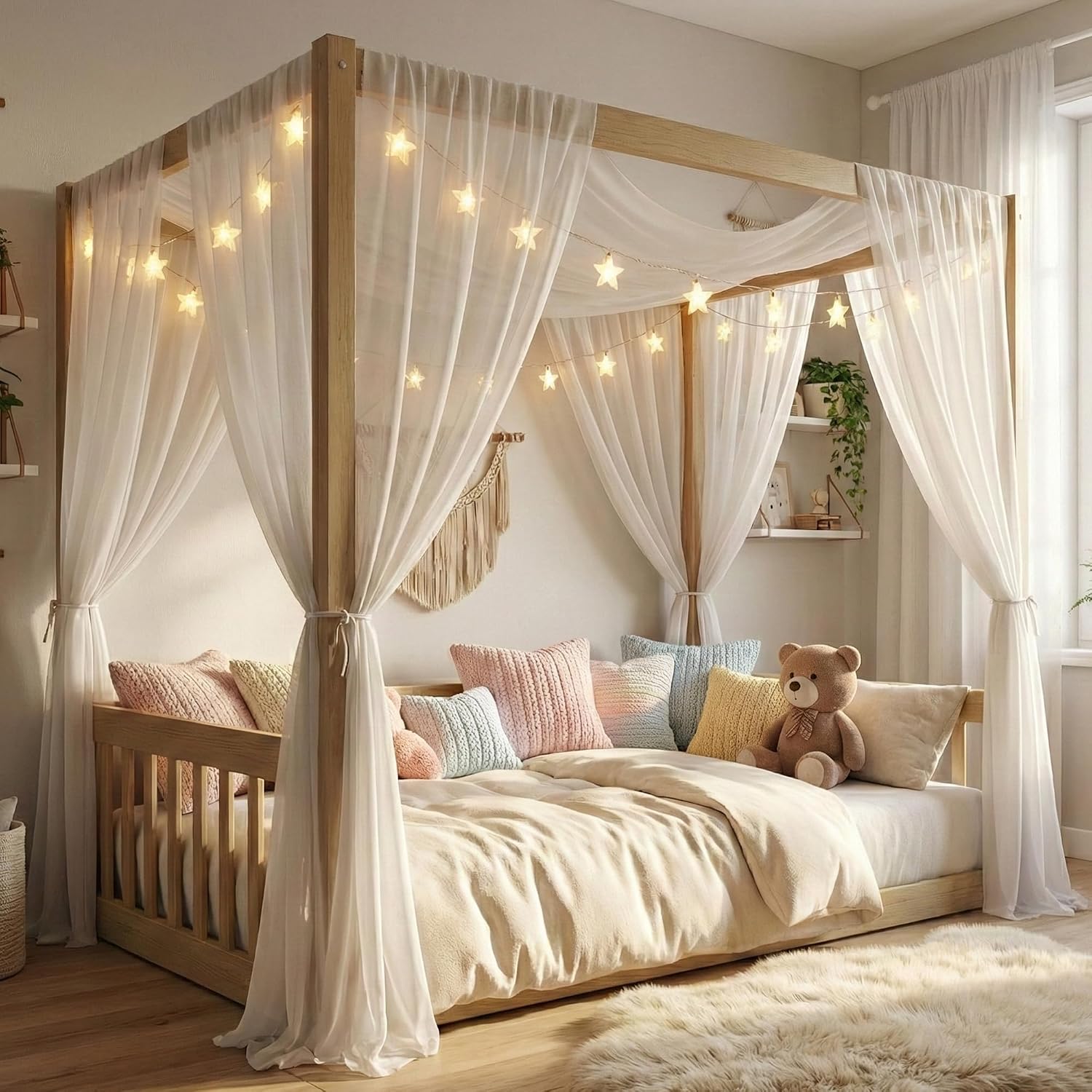 Twin Size Montessori Floor Bed with Canopy Frame and High Guardrails, Solid Wood Twin Canopy Bed with 4 Posters, Safe and Stylish Canopy Twin Bed for Kids Girls Boys,Natural