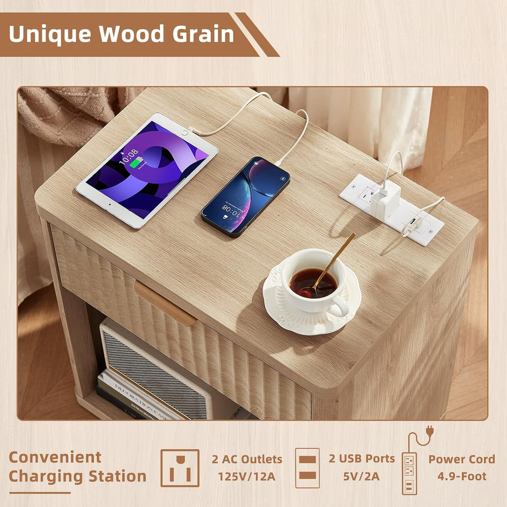 LEYAOYAO Fluted Nightstand with Charging Station, 23' Wide 1 Drawers Night Stand,Natural End Table with Open Storage,Farmhouse Bed Side Tables, Wood Dresser for Bedroom, Living Room, Closet