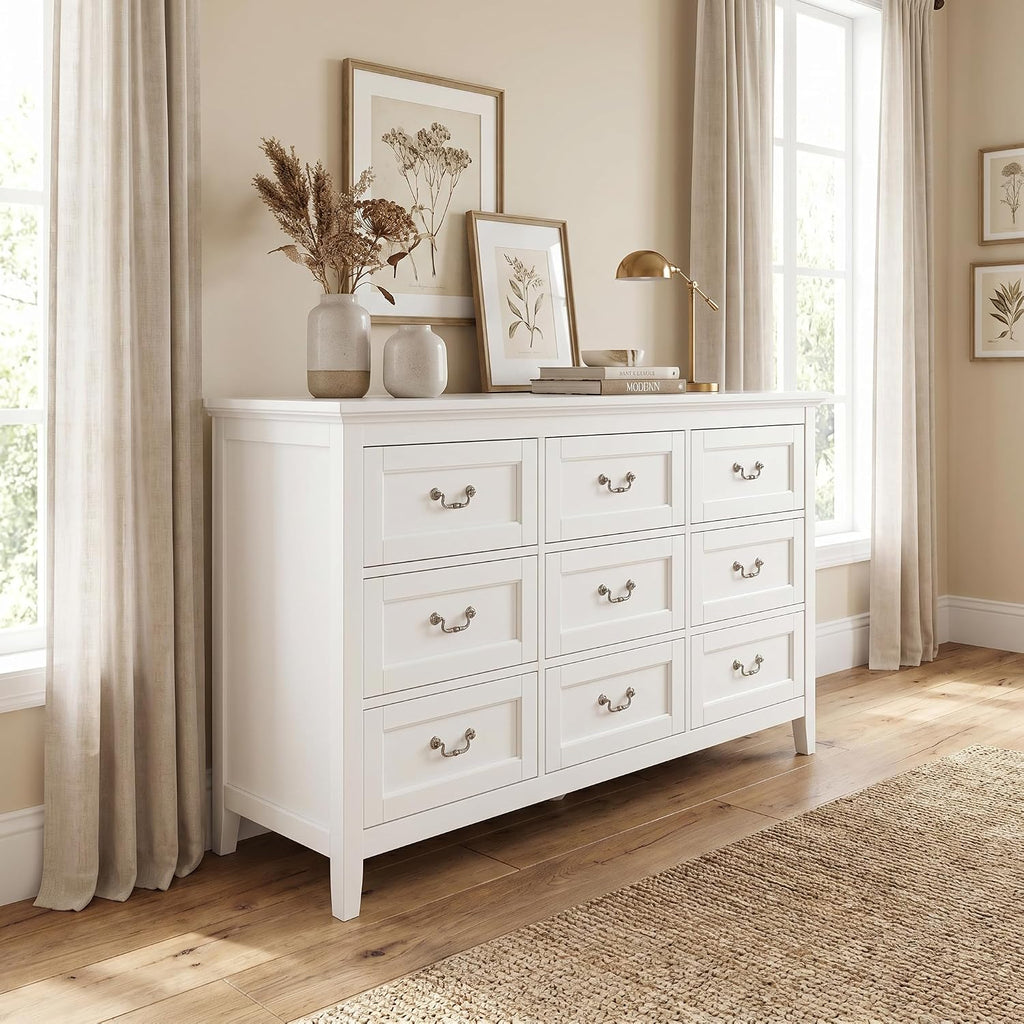 Loomie Upgraded 9-Drawer Dresser for Bedroom, 63' Wide Dresser TV Stand for TVs up to 75', Farmhouse Long Storage Wooden Dressers Organizer, Large Chest of Drawers with Vintage Pull for Closet, White