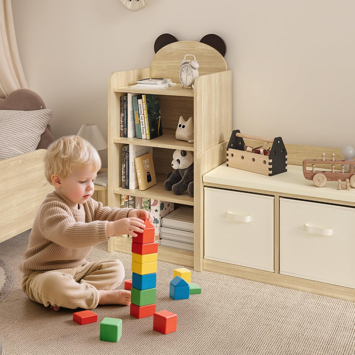 Reading Nook for Kids Bookshelf Bench and Toy Storage with Adjustable Shelves and Seat Cushion Toddler Book Shelf for Bed Room,Nursery Kids Reading Nook