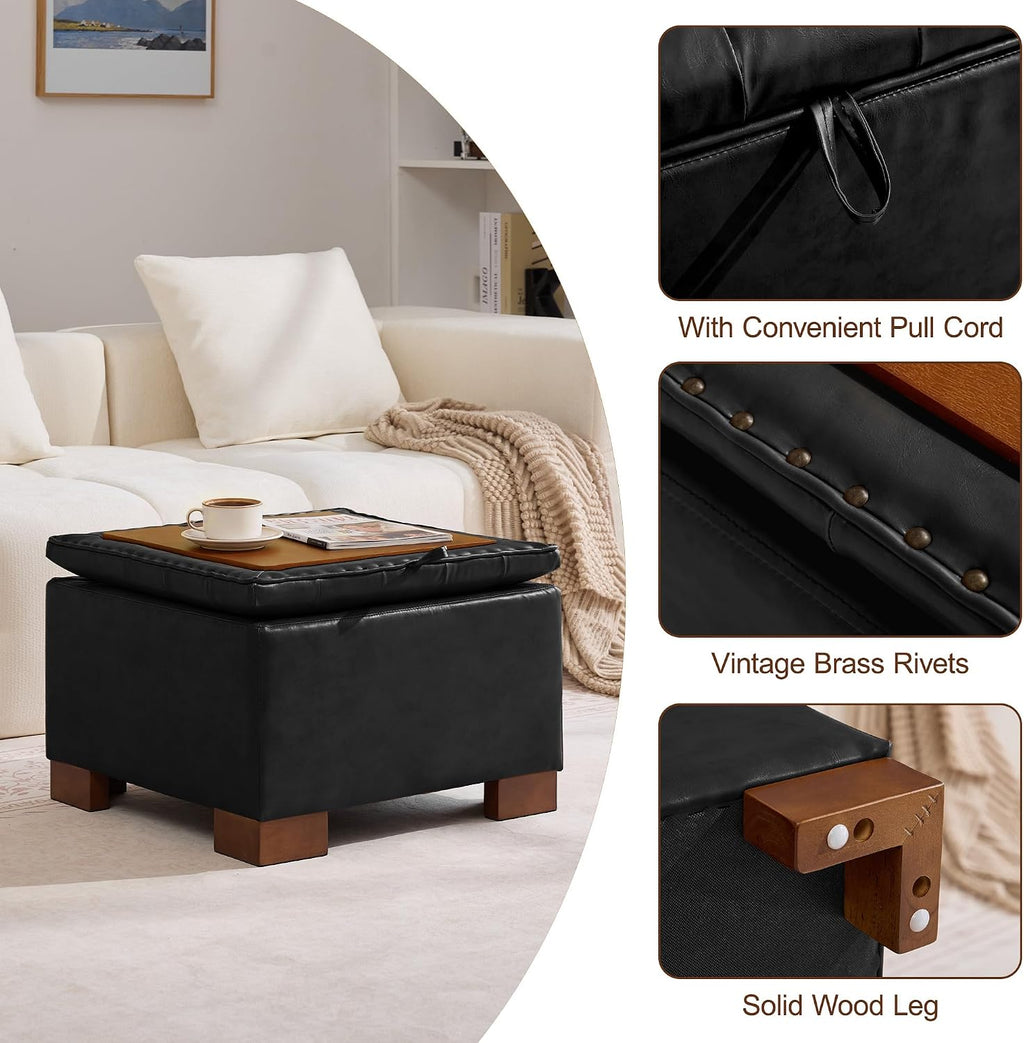 WUTUTUEE 24' Faux Leather Square Storage Ottoman with Wooden Tray, Modern Tufted Button Footstool Coffee Table, Upholstered Small Ottoman for Living Room, Bedroom, Black