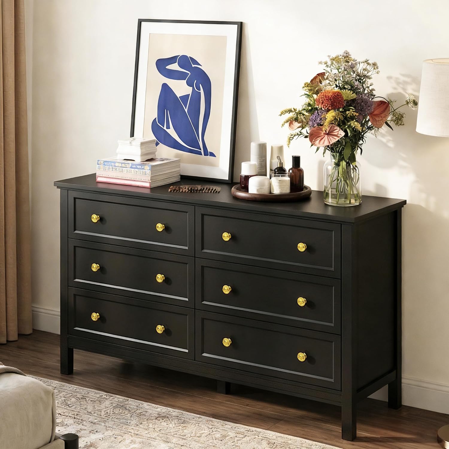 LYNSOM Black Dresser for Bedroom, 6 Drawer Dresser with Wide Drawer and Metal Handles, Wood Dressers & Chests of Drawers for Hallway, Entryway